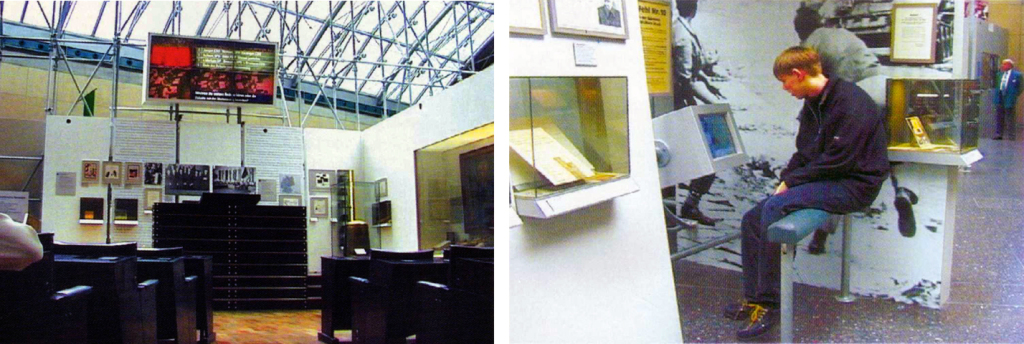 Left: Inclusion of audio-visual media and their integration in the overall scenography of “Haus der Geschichte” (Museum of Contemporary German Political History), Bonn and “Aquarius Wassermuseum” (Aquarius Water Museum).  Haus der Geschichte, Bonn: replica and parts of the assembly hall of the Federal Parliament in the city of Bonn, Flatscreens are broadcasting the most important political developments and decisions.Right: Haus der Geschichte: information on current political history via PC