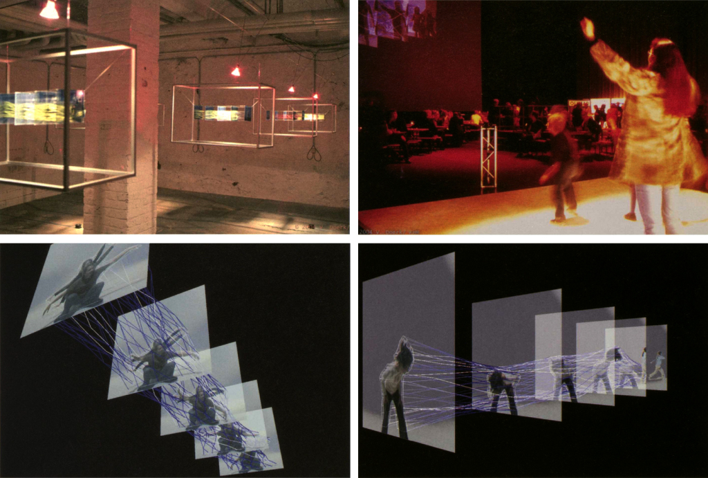 First row: left "z2-Time Objects", Vera Doerk. Exhibition of time sculptures. Right: The public interacts with virtual time objects on a stage. Second row: Interactive play with responding moving architectures. 