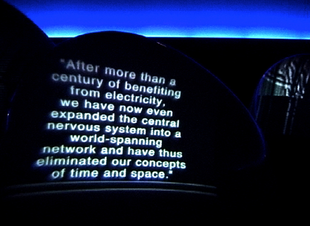 Metaphoric staging of the www/World Wide Web in the pavilion “Knowledge”, Expo 2000: scenographic and dramaturgic presentation of an interlinked, virtual system. The visitor acts as a knowledge navigator who moves between swarms of mobile information capsules.