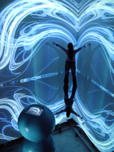 "Fluid Music", Zhe Li. Interactive playing ground. Different digital stage scenographies.